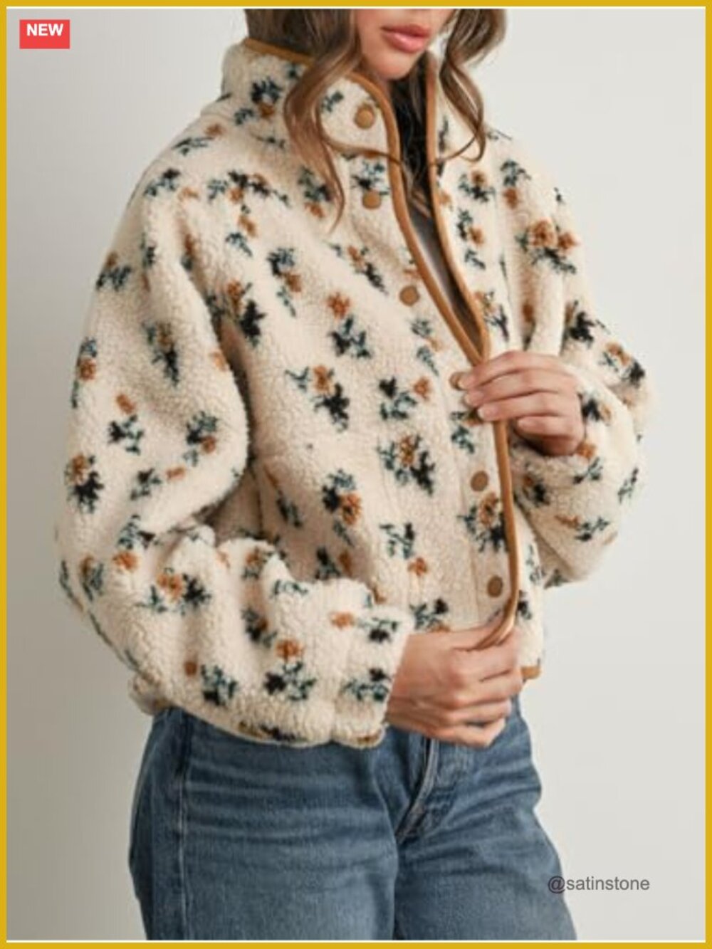 Womens Florals Print Fuzzy Faux Fur Teddy Jacket Snap Button Winter Coat - Picture 2 of 6